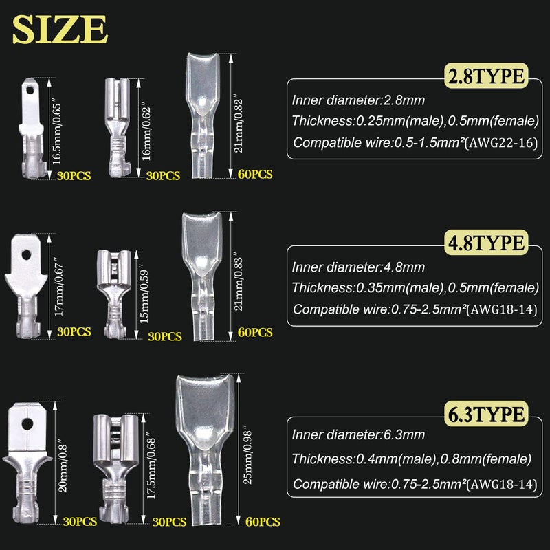 Twidec/360Pcs 2.8/4.8/6.3mm Quick Splice Male and Female Wire Spade Connector Crimp Terminal Block Assortment Kit with Insulating Sleeve for Electrical Wiring Car Audio Speaker - Image 2